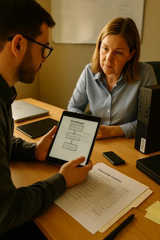 IT consultant and office manager review a printed onboarding checklist and device inventory with devices staged for enrollment.