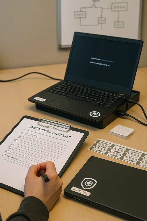 Technician using a provisioning checklist to image and tag a new laptop as part of a standardized onboarding workflow.