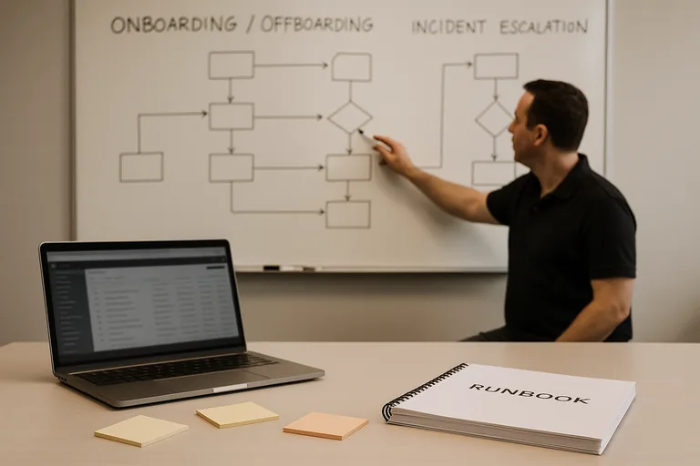 Technician pointing at a whiteboard flowchart with runbook binder and sticky notes on the table, illustrating onboarding, offboarding, and escalation steps.