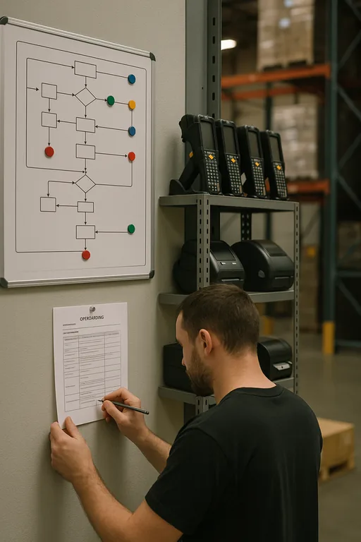 Technician updating a laminated onboarding runbook next to a whiteboard with workflow markers in a warehouse corner with scanners and printers stored on shelves.