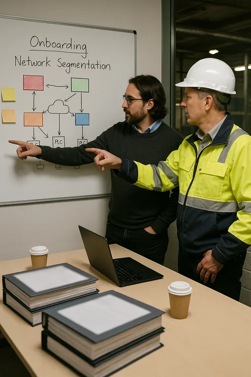 IT lead and production supervisor planning onboarding and network segmentation at a whiteboard with runbooks on the table.