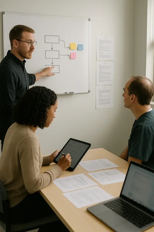 IT consultant pointing at a whiteboard onboarding workflow while office staff take notes, showing role templates and runbook pages.