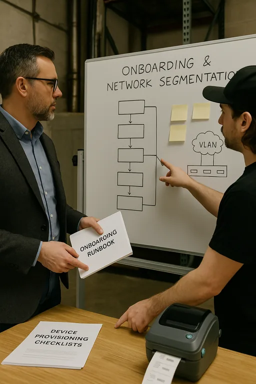 Manager and IT technician reviewing an onboarding and VLAN segmentation workflow on a whiteboard with a printed runbook and device checklist on the table.