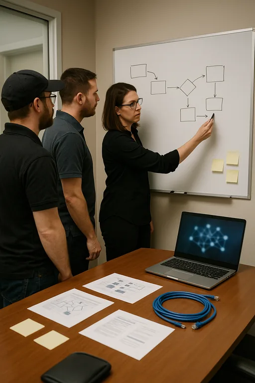 IT technicians and an office manager reviewing a whiteboard onboarding and capacity workflow during a planning session at a dental practice.