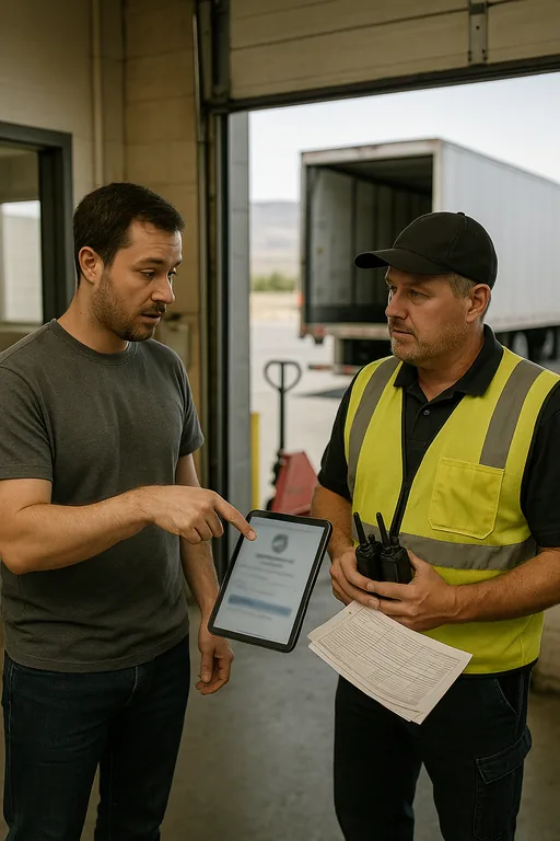 Field technician guiding a warehouse dispatcher through MFA setup on a tablet near the loading docks with trucks visible outside.