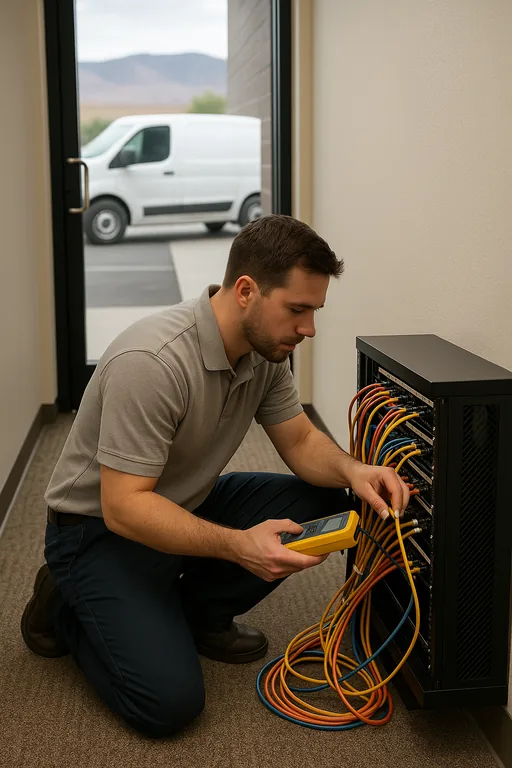 Field technician organizing patch cables and testing a small network cabinet during an on-site recovery at a South Meadows office.