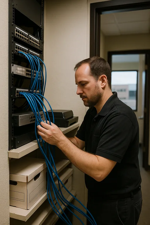Technician inspecting patch cables and a rack-mounted backup appliance in a law firm server closet with office storage nearby.