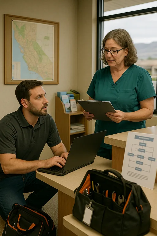 A local IT technician works with a clinic office manager at the front desk, showing on-site support and coordinated recovery.