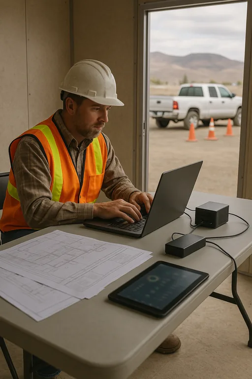 Field technician at a jobsite trailer using a laptop and backup device to validate on-site access and backups.