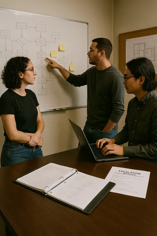 Small IT team reviewing a whiteboard and runbook binder showing an incident response and escalation workflow in a local office.