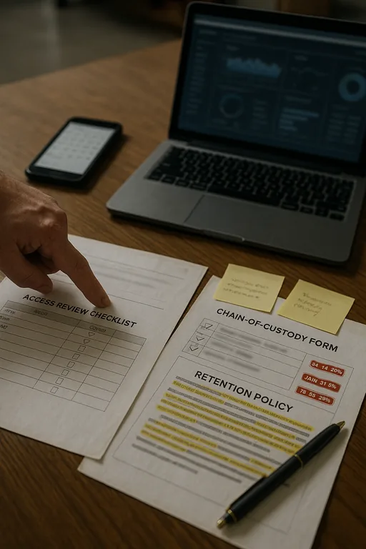 Printed access review checklists, chain-of-custody notes, and a blurred monitoring screen on a desk, showing physical audit evidence used during remediation.