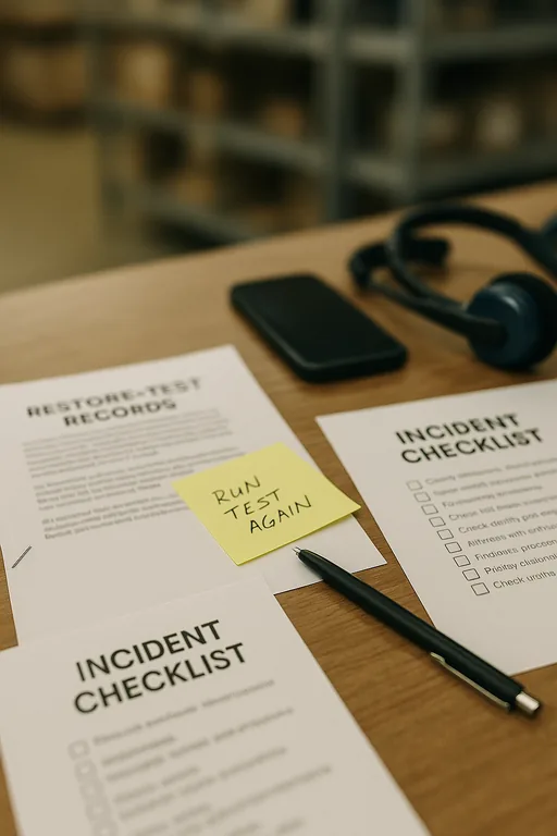 Printed restore-test records, a checklist, and handwritten notes on a logistics manager’s desk used during an incident review.
