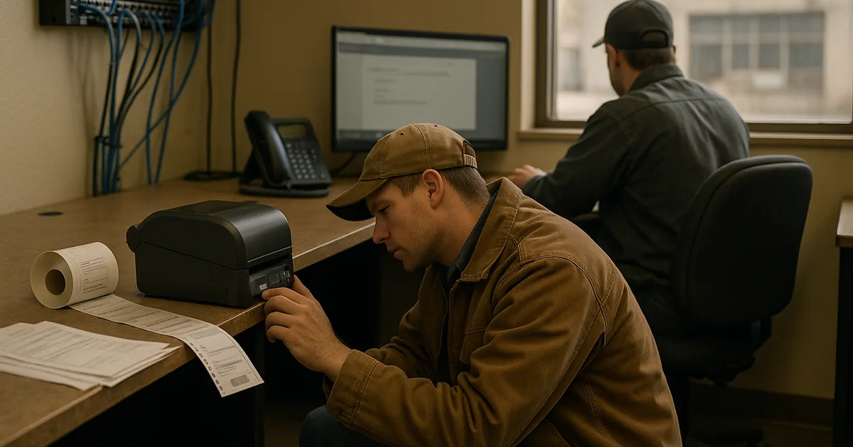 A technician restarts a stalled label printer while support tickets accumulate, showing how everyday friction can escalate into a full operational stop.