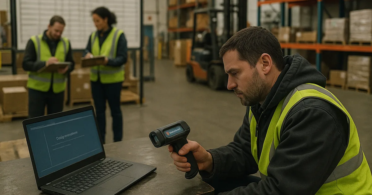 A warehouse technician addresses a handheld scanner and frozen dispatch screen, illustrating how legacy endpoints can stop operations.