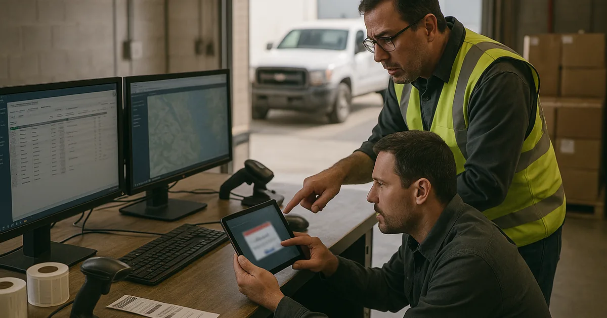 An onsite technician and warehouse supervisor reviewing failed sign‑in activity at a dispatch workstation to diagnose an authentication-related outage.