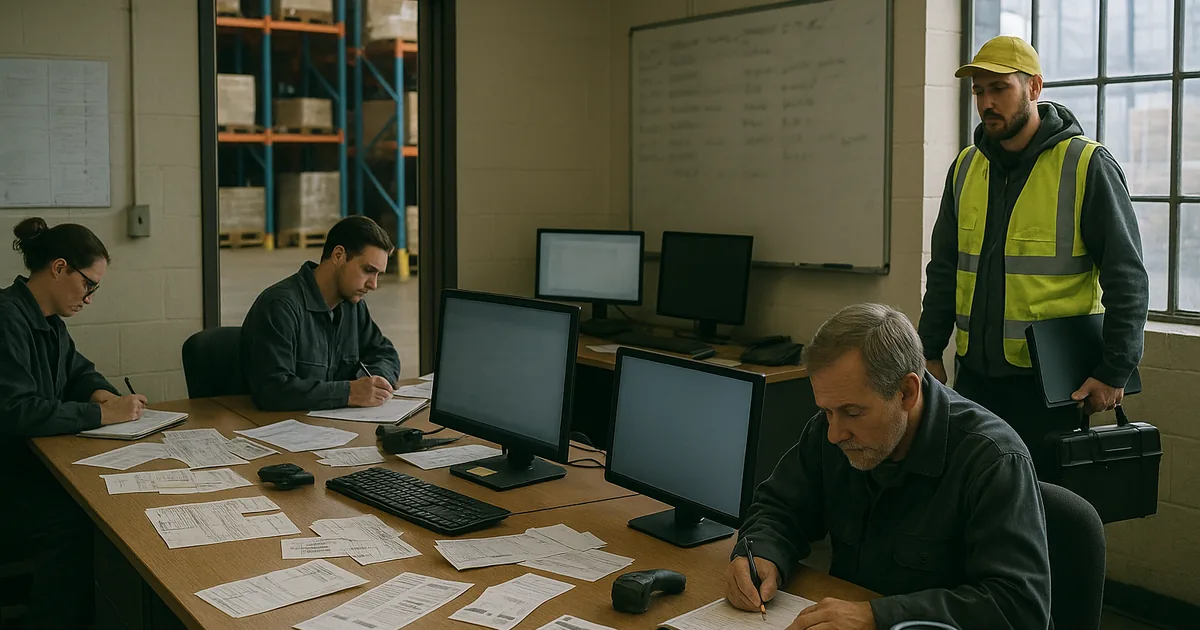A Sparks logistics dispatch area mid-incident, showing how manual workarounds and stalled systems stop operations and slow recovery.