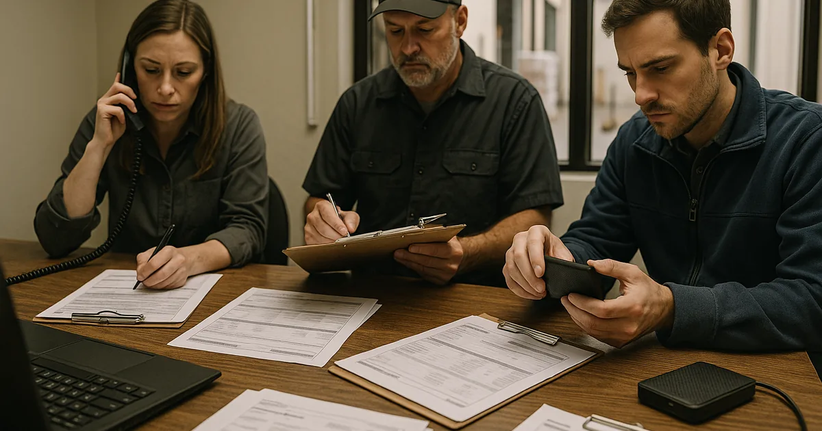 Staff reconstruct shipment records and inspect backup media after a documentation outage, showing how recovery gaps can stop operations.