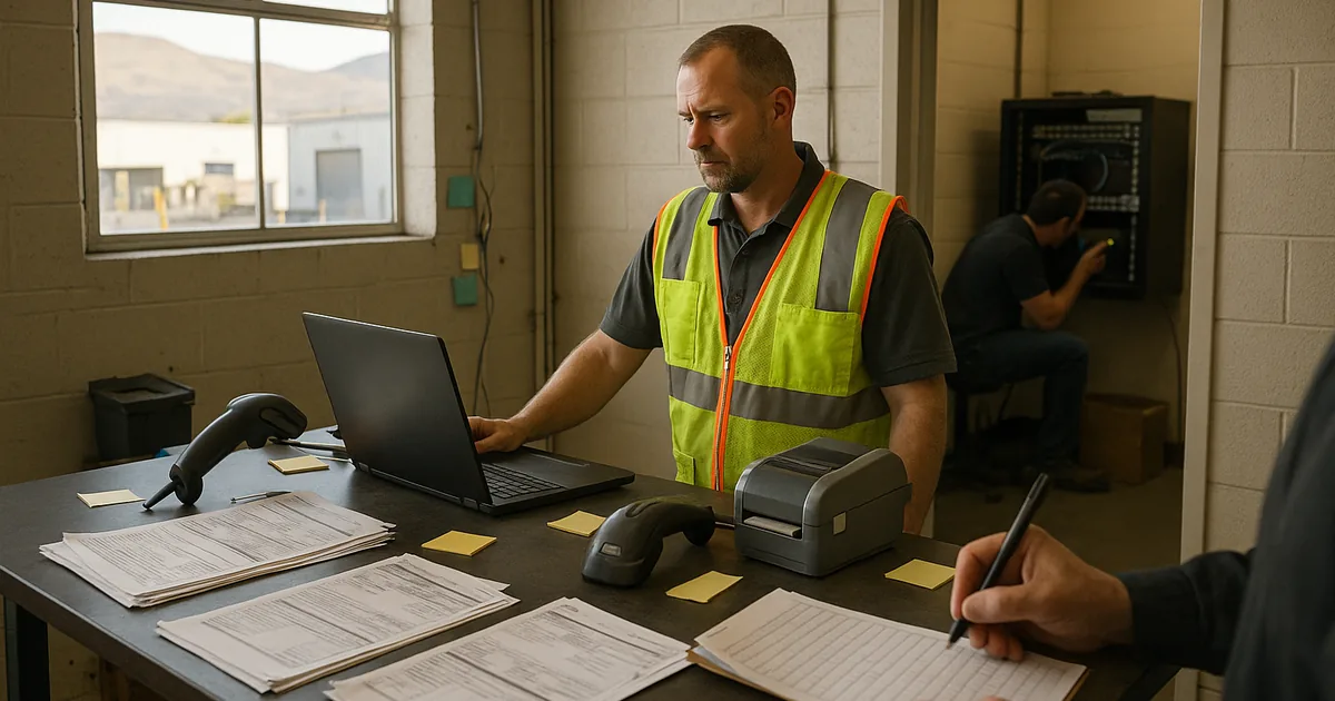 A warehouse dispatch area where frozen screens and handwritten logs show how day-to-day IT friction can stop operations.