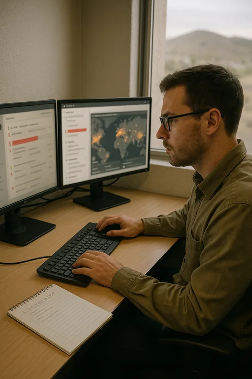 Security analyst reviewing blurred sign-in anomaly dashboards and endpoint alerts at a monitoring station with a view of Northern Nevada hills.