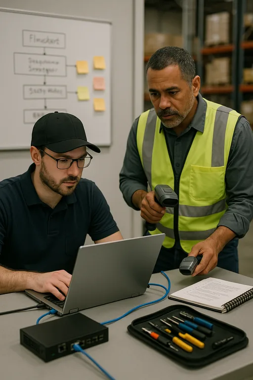 Technician and warehouse supervisor working through a remediaton runbook at a workstation while testing access controls and log collection.