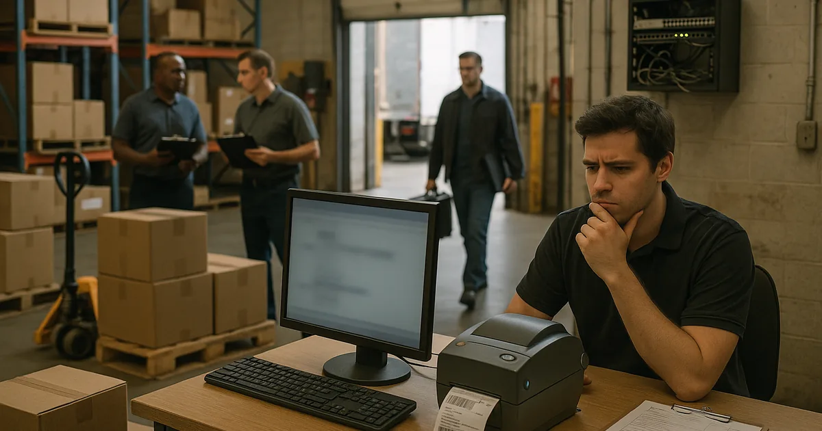 A stalled dispatch workstation and idle label printer show how deferred IT planning can halt warehouse operations.