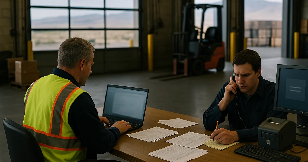 A logistics dispatch area forced into phone-and-paper workarounds while digital systems are unavailable, showing how a single account compromise can stop operations.