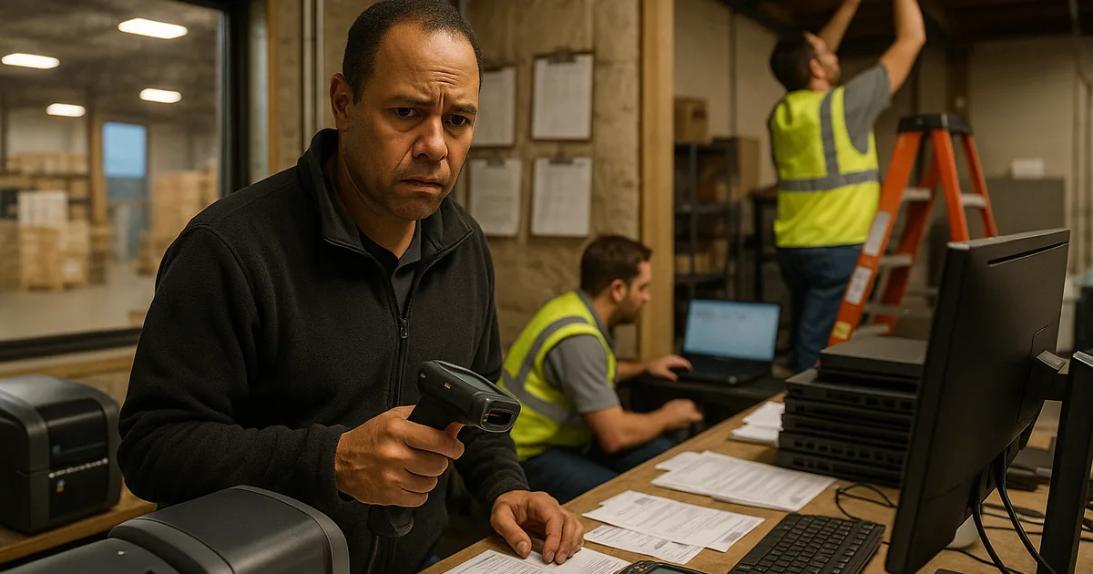 A supervisor and technician troubleshoot device and network congestion after an outage, showing how endpoint sprawl can stop logistics operations.