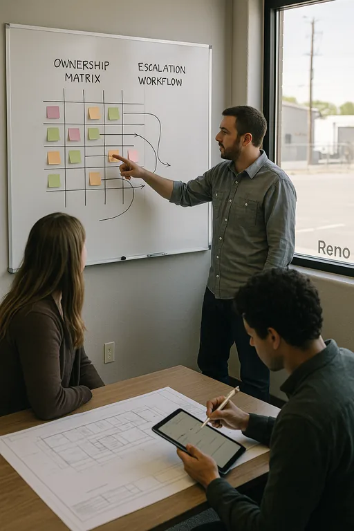 Small team mapping a vendor ownership matrix and incident escalation workflow on a whiteboard in a Reno office.