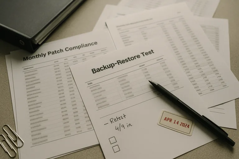Printed patch compliance and backup restore-test pages on a desk with technician annotations and a pen.