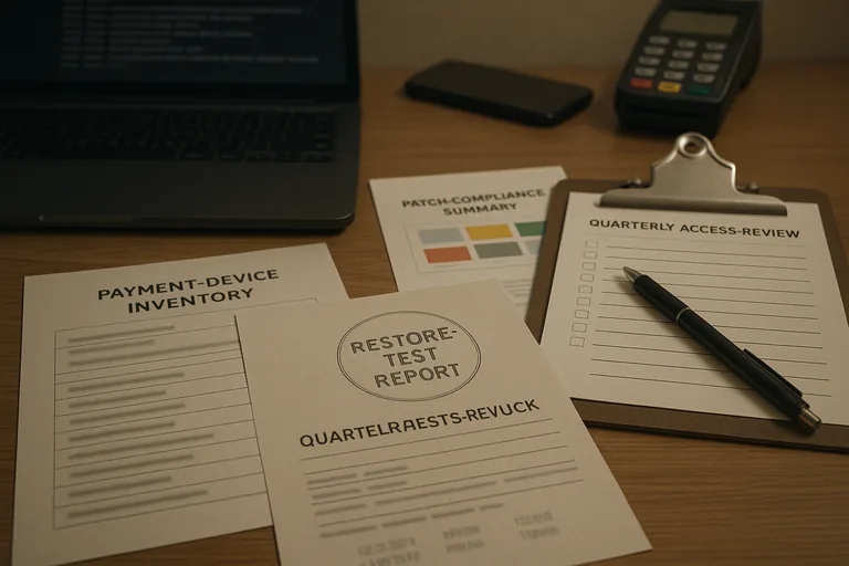 Printed POS inventory, patch compliance summary, restore-test record and an access-review checklist laid out on a back-office desk.