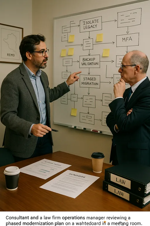 Consultant and firm manager review a non-readable whiteboard with sticky-note stages and a printed migration timeline, representing a phased modernization plan.