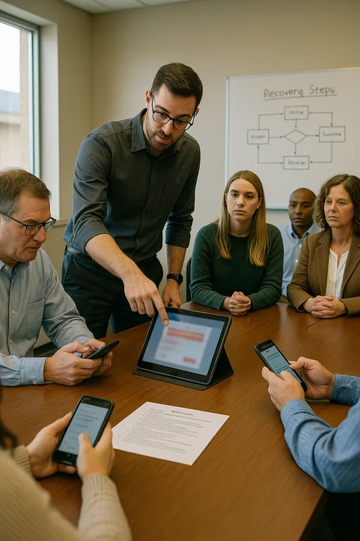 An IT consultant running a phishing simulation and MFA practice with staff in a financial office training session.