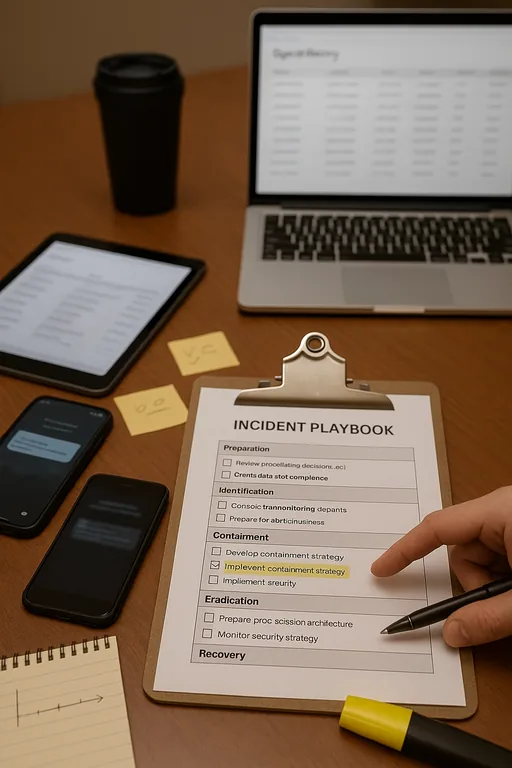 A clipboard with an incident playbook checklist, a tablet showing a blurred mailbox audit, and a technician pointing at the checklist during an incident review.