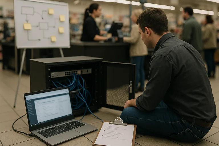 Technician executing a printed runbook and connected laptop at a store controller while performing an onsite payment-system recovery.