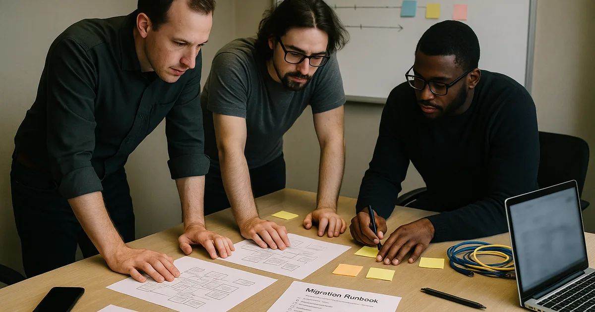 IT team reviewing printed dependency maps and a migration runbook on a conference table with a blurred laptop and whiteboard timeline in the background.