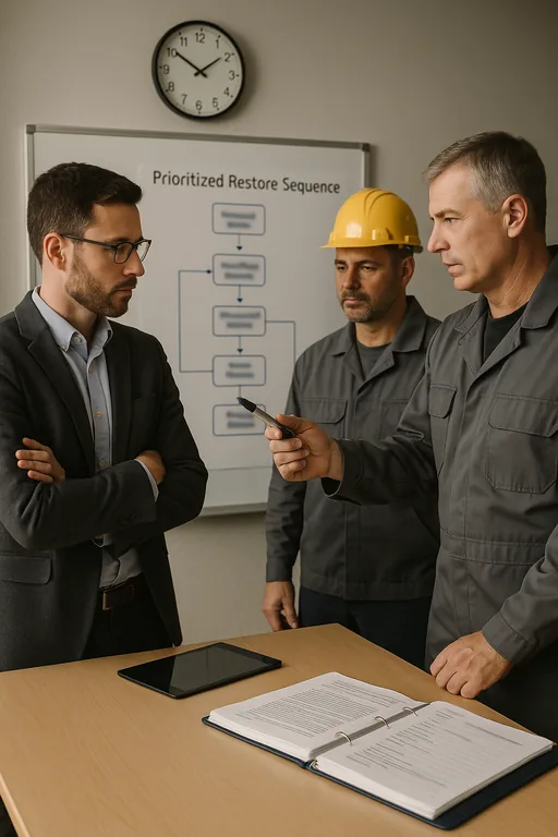 IT consultant and plant staff reviewing a blurred recovery flowchart and runbook during a tabletop priority-restore exercise.