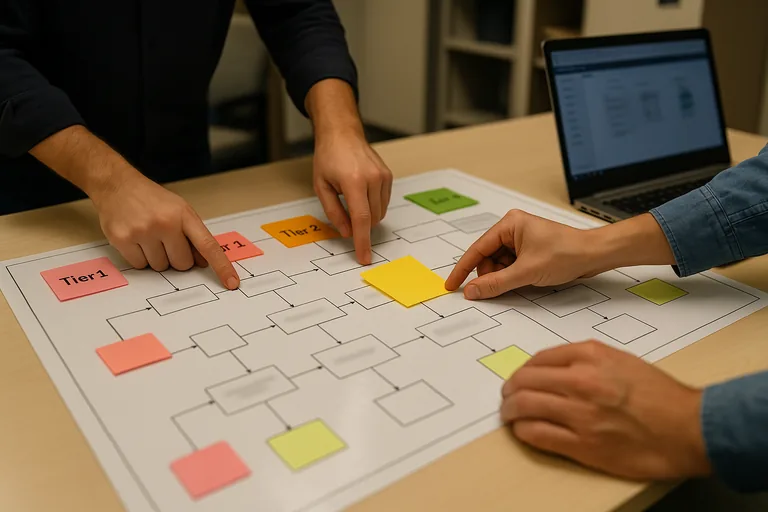 Hands pointing at a laminated recovery dependency map with colored sticky notes showing recovery tiers during a runbook review.