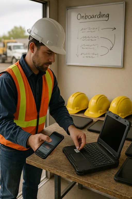 Technician scanning an asset tag and attaching an inventory sticker to a laptop on a bench with a blurred onboarding workflow on a board behind them.