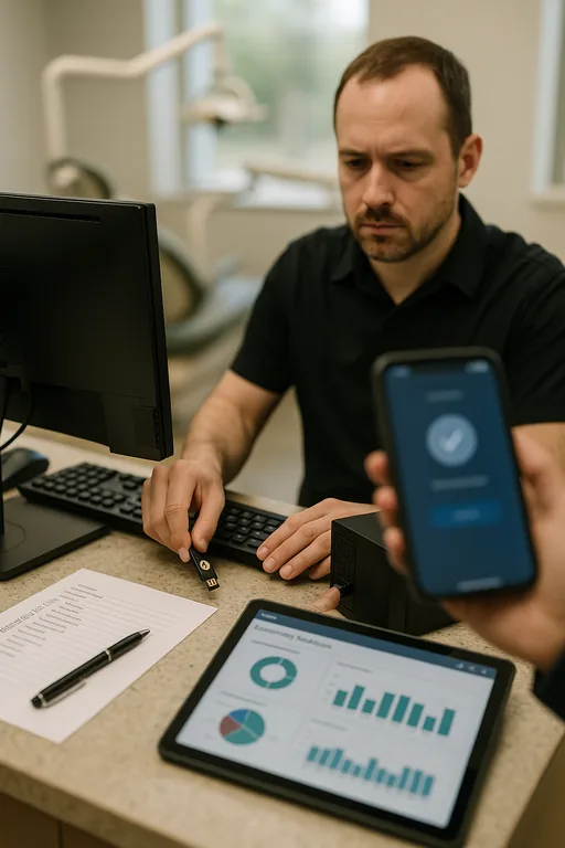 Technician performing endpoint and MFA remediation in a dental operatory, with a security token, phone, and tablet visible but screens blurred.