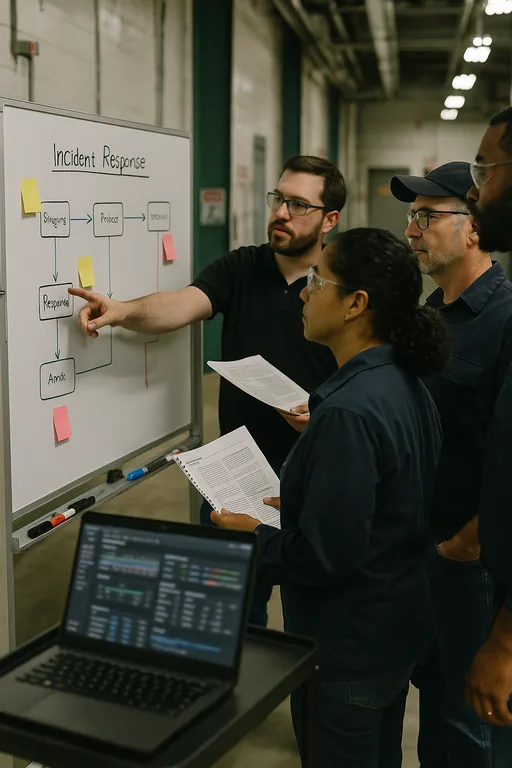 Technicians huddled around a whiteboard with a blurred incident response workflow and runbooks on a laptop cart in a plant corridor.