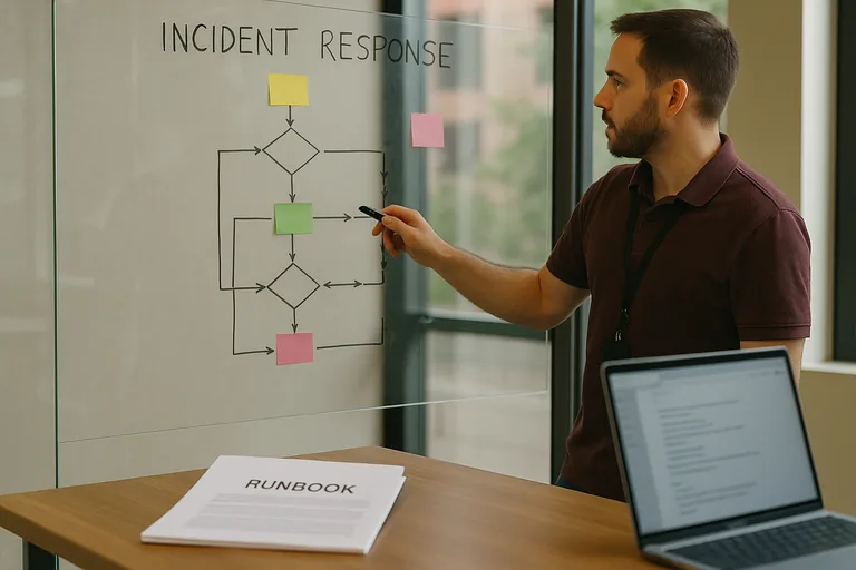 Technician pointing to a glass whiteboard showing an incident response workflow with sticky notes while a runbook lies on a nearby table.