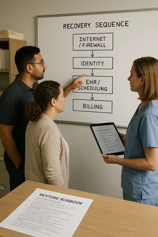 Clinic staff and a technician reviewing a blurred recovery sequence diagram on a whiteboard during a restore planning session.
