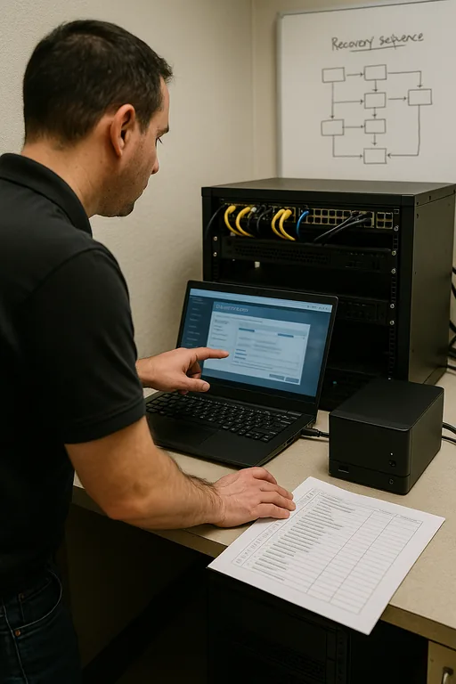 IT technician performing a scheduled restore test at a workstation with a blurred recovery dashboard and a printed runbook on the desk.
