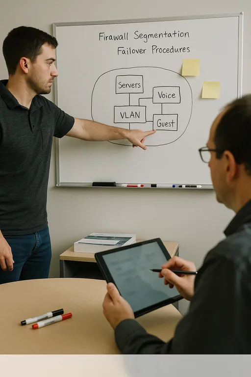 Technician pointing to a whiteboard network segmentation sketch during an operations review with a colleague taking notes.