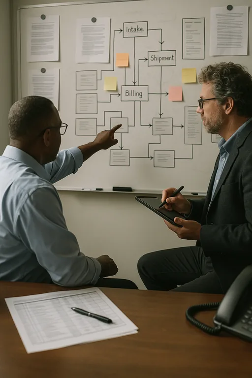Operations manager and IT consultant mapping intake-to-shipment-to-billing workflow on a whiteboard and runbook pages in a logistics office.