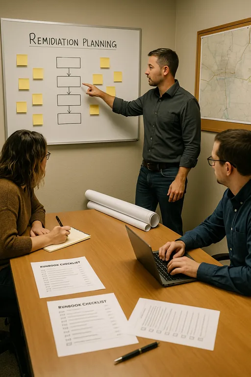 Consultant and staff reviewing a whiteboard and runbook checklists during a remediation planning session with construction plans visible.