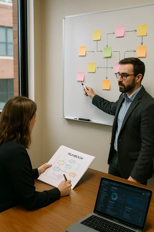 IT consultant and office manager working through an incident response workflow at a whiteboard with sticky notes and a runbook on the table.