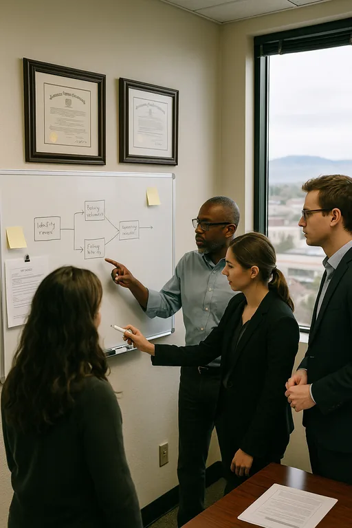 Law firm staff and an IT consultant mapping a compliance remediation workflow on a whiteboard during a planning session.