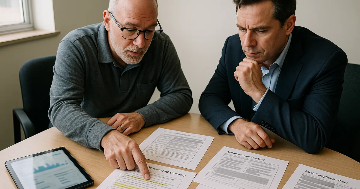 IT consultant and firm partner reviewing printed recovery runbooks and redacted evidence packets on a conference table with a laptop showing a blurred dashboard.