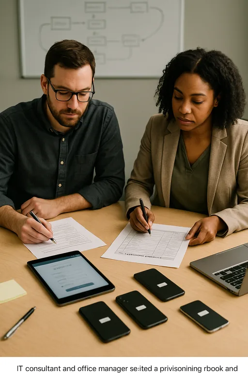 Consultant and office manager reviewing a printed onboarding runbook and tagging devices during a standardization session.